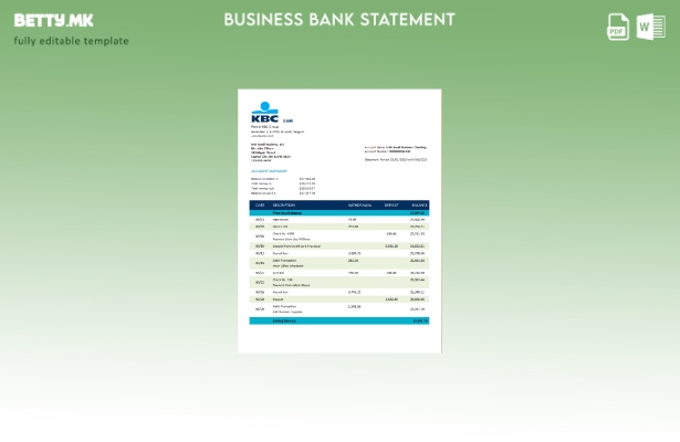 Модерен стил извод на корпоративна сметка на KBC Bank Шаблон Word и PDF