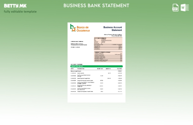модерен стил Banco de Occidente цврста изјава за сметката Шаблон Word и PDF