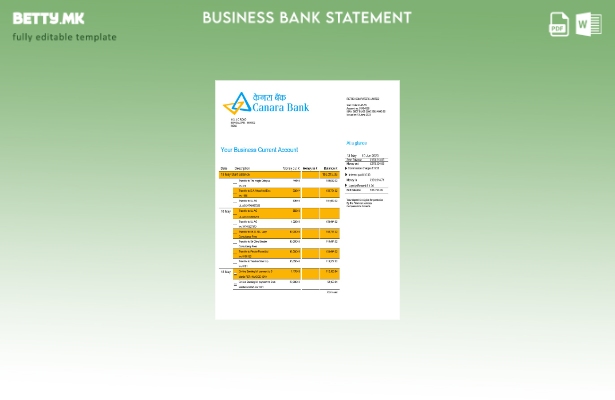 модерен стил Canara Bank извод на корпоративна чековна сметка Шаблон Word и PDF