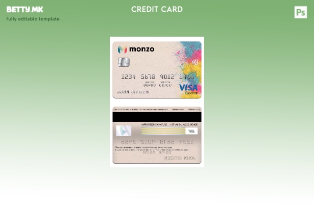 Модерен стил Обединетото Кралство Monzo банка виза електронска картичка шаблон